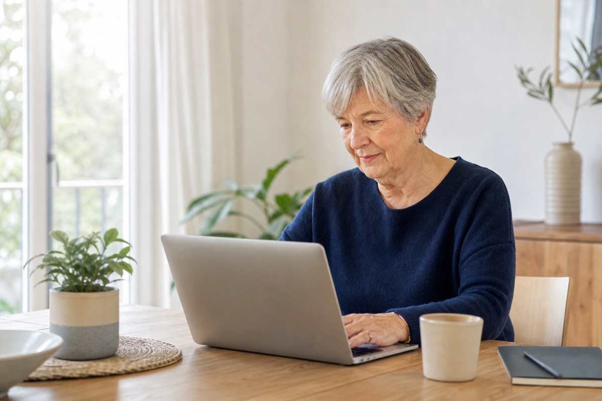 Une personne utilise son ordinateur chez elle